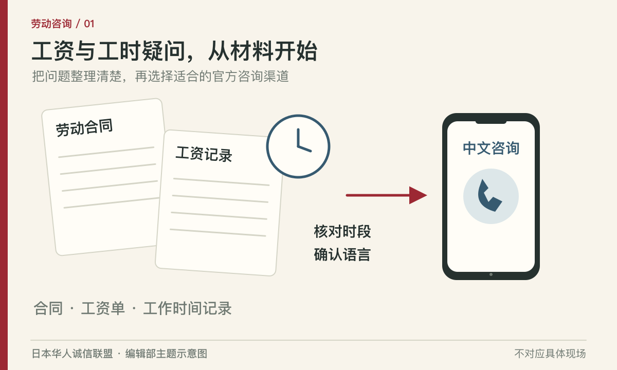 劳动合同、工资记录与中文咨询电话的主题示意图。编辑部主题示意图,不对应具体现场。