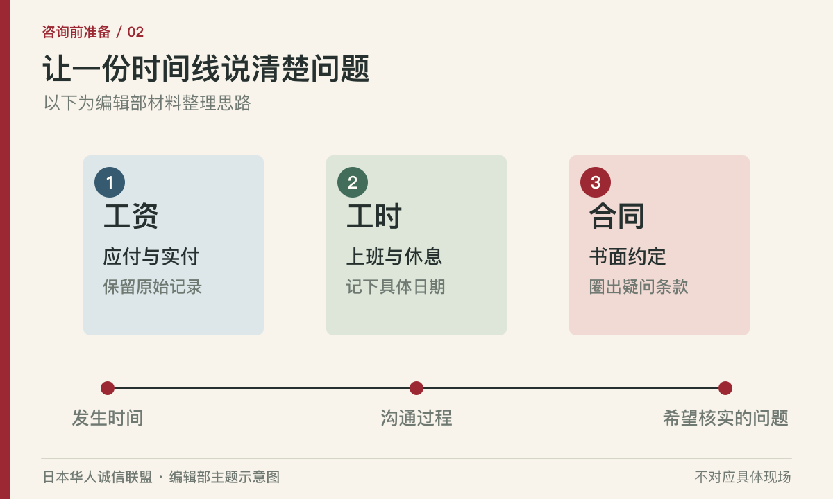工资、工时、合同三类材料与事实时间线示意图。编辑部主题示意图,不对应具体现场。