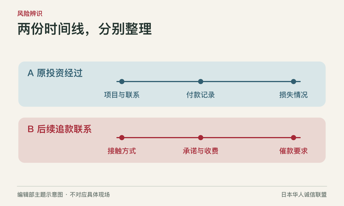 分开记录原投资经过与后续追款联系的双时间线。编辑部主题示意图，不对应具体现场。